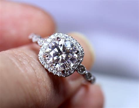 Cushion moissanite ring, halo engagement, bridal set, white moissanite, ring for her, Art Deco ...