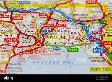 Swansea and surrounding areas shown on a road map or geography map ...