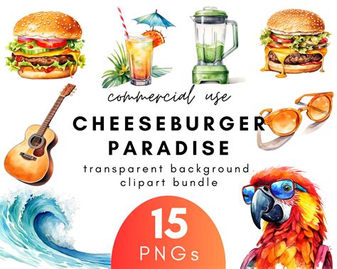 Watercolor Cheeseburger Paradise Clipart 15 Transparent Background PNG Commercial Use Instant ...