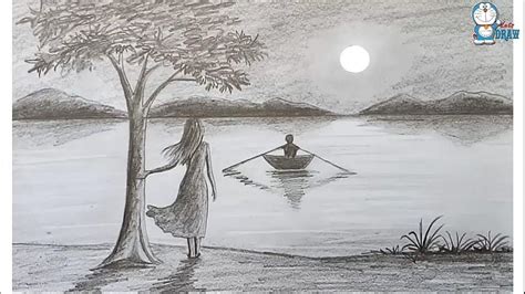 How to draw scenery of Moonlight night by pencil sketch.. step by step | Landscape sketch ...