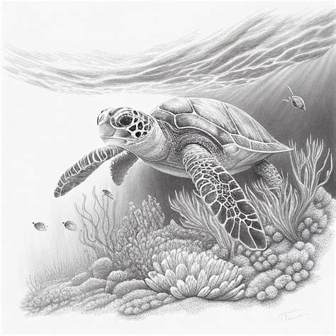 Realistic Sketch of a Majestic Sea Turtle Swimming Over a Coral Reef - Etsy