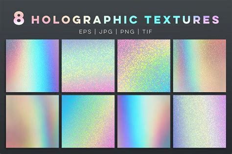 the 8 holographic textures for photoshopped and texturing are all in different colors