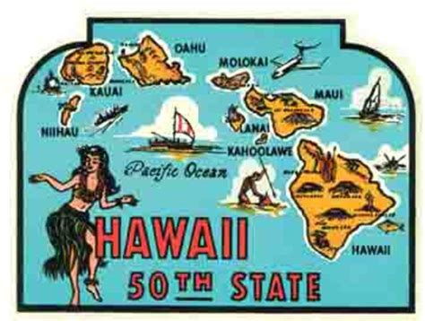 Vintage 1950's Style Hawaii the 50th State Islands Map Maui Kauai Retro Travel Decal Sticker ...