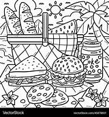 Summer picnic food By The Shore coloring Page Vector Image sketch template