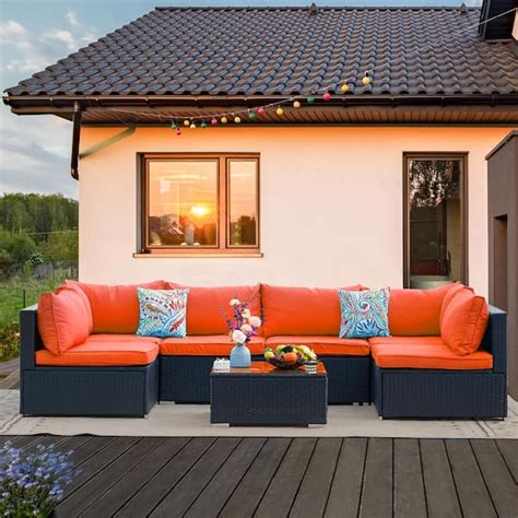 Cesicia 7-Piece Wicker Outdoor Sectional Set with Red Cushions and ...