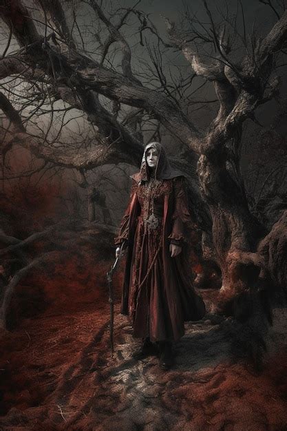 Premium AI Image | A dark fantasy art style with a woman in a red dress ...