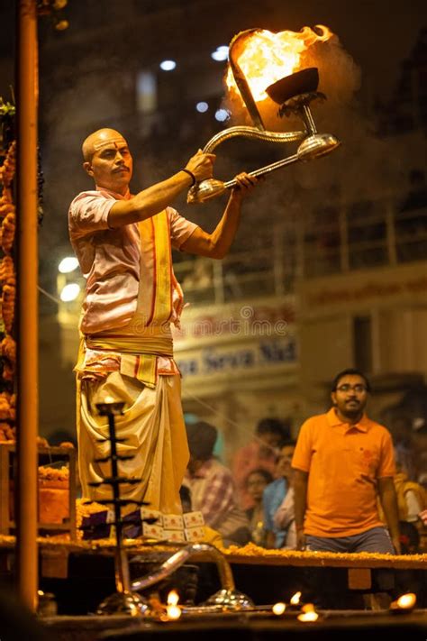 Priest Performing Ganga Aarti at Dashashwamedh Ghat in Varanasi ...