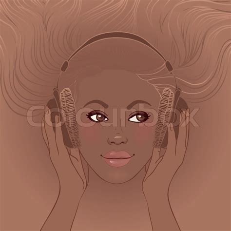 African american girl listening music in headphones | Stock Vector | Colourbox