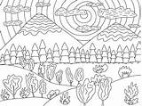 Coloring page With Mountain landscape Fields And Trees Vector  sketch template