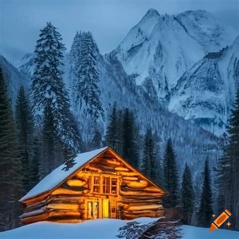 Scenic view of a log cabin surrounded by mountains and trees on Craiyon