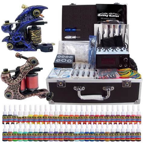 Solong Tattoo complete professional 2 tattoo Machine Guns set Tattoo Kit 54 Inks Power Supply ...