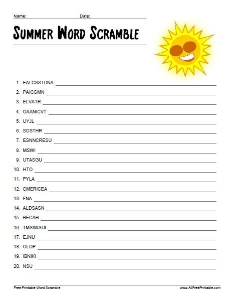 Summer Word Scramble – Free Printable