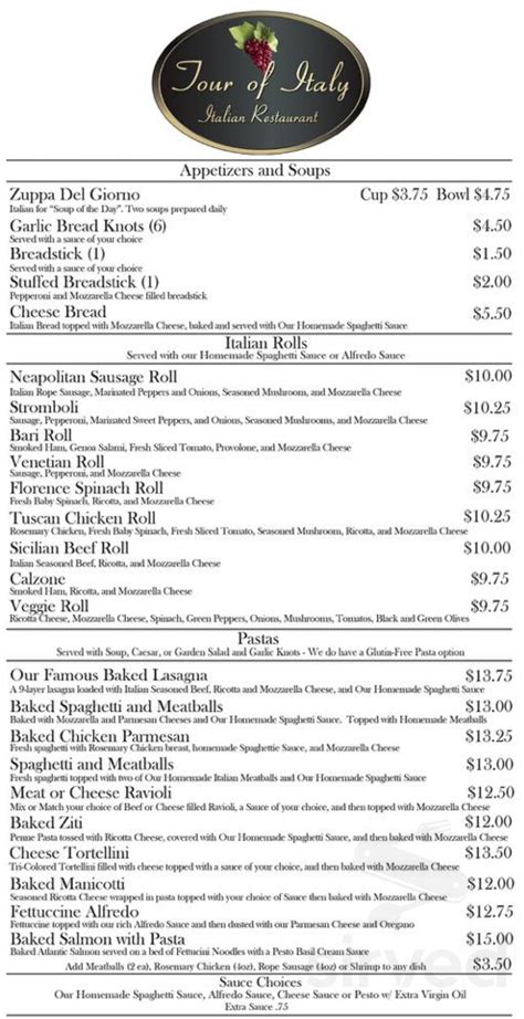 Tour Of Italy Cafe menu in Greenfield, Indiana, USA