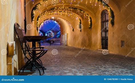 Street Cafe at the Night Against City Illumination Lights Stock Photo - Image of empty, food ...