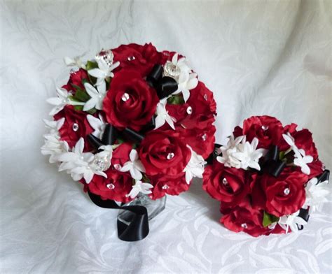 Red rose bouquet red white black wedding bouquet and | Etsy