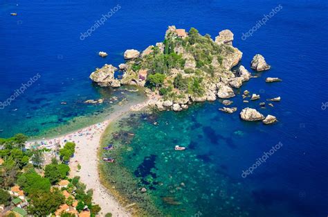 Aerial view of Isola Bella beach in Taormina, Sicily — Stock Photo © martinm303 #29858875