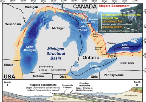 A) Great Lakes regional map depicting extent of Niagara Escarpment... | Download Scientific Diagram