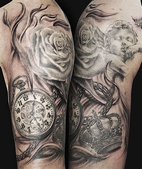 Rose, pocket clock, little angel, crown tattoo | Tatuar