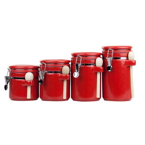 4 Piece Ceramic Canister Set with Wooden Spoons, Red | Ceramic canister set, Ceramic kitchen ...