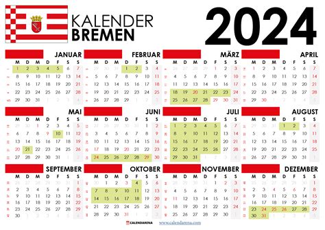 Kalender 2024 Bremen mit ferien + Feiertage - Calendarena - Medium