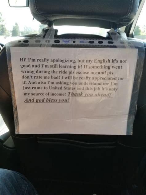 My Uber driver taped this sign to the seat.