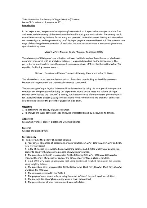 SOLUTION: Determine the density of sugar solution glucose - Studypool