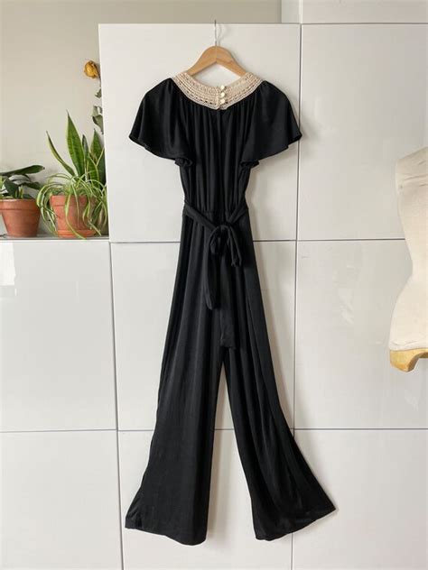 1970s Vintage JC PENNEY Black Jumpsuit with Crochet D… - Gem