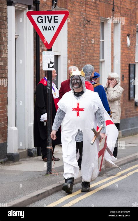 St George's Day parade, Alcester, Warwickshire. Pictured a Shakespeare Mummer dressed as St ...