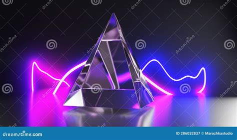 Glass Pyramid with Neon Wave Light Lines on Abstract Black Background ...