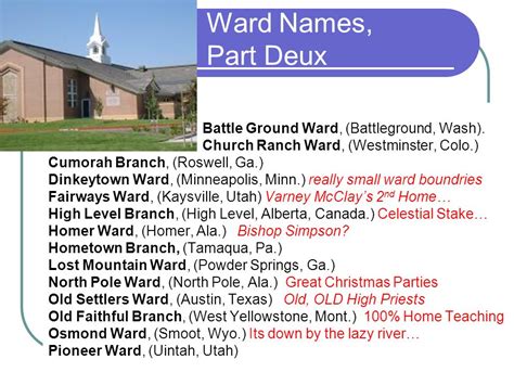 The Jaredites Ward Names, Part Deux Battle Ground Ward, (Battleground, Wash). Church Ranch Ward ...