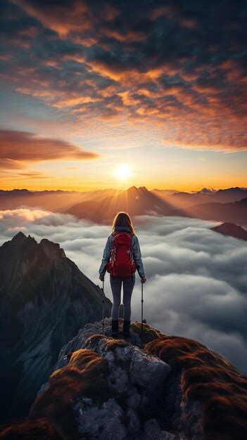 Premium AI Image | a woman on top of a mountain peak with view of clouds and sunrise