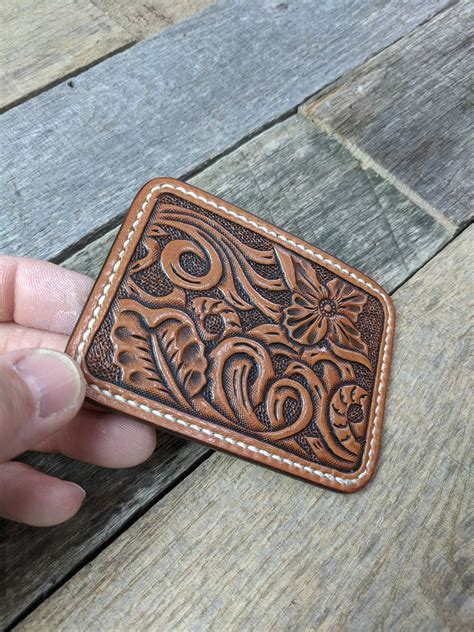 Hand Tooled Leather Front Pocket Wallet with Western Flower Art, Slim Wallet, Mens Leather Wallet