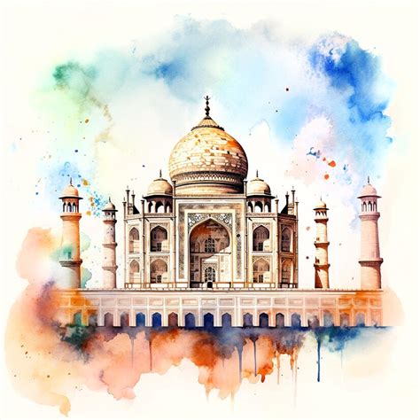 Premium Photo | A watercolor painting of a taj mahal with a blue ...