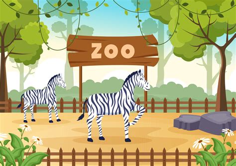 Zoo Cartoon Illustration with Safari Animals Zebra, Cage and Visitors ...