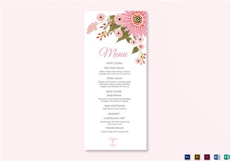 Floral Wedding Menu Card Design Template in Illustrator, InDesign, Word, PSD, Publisher