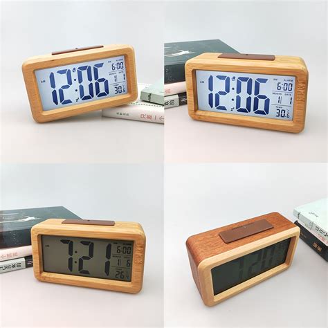 LED Real Wooden Alarm Clock with Smart Light USB Calendar Thermometer ...