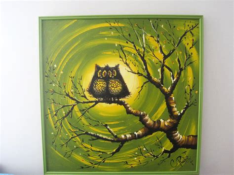 RESERVED. Mid Century Modern Large Owl Painting Signed by Artitst C ...