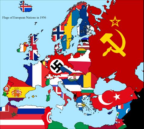 Map of the flags of European nations in the year 1936. | Flag, Map, History