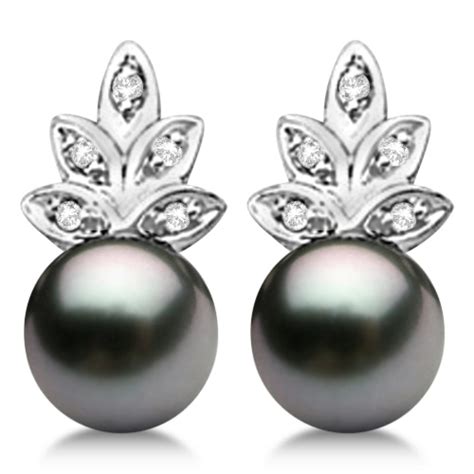 Akoya Cultured Black Pearl & Diamond Floral Earrings 14K W. Gold 7mm - RE342