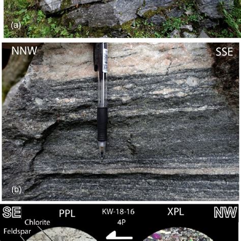 Dominant gneiss types in the Kvitenut Allochthon. (a) Banded gneiss in ...