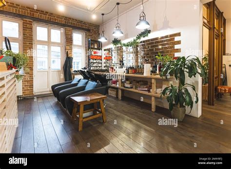 Hairdresser's workplace. Hair-washing stations. Modern beauty salon ...