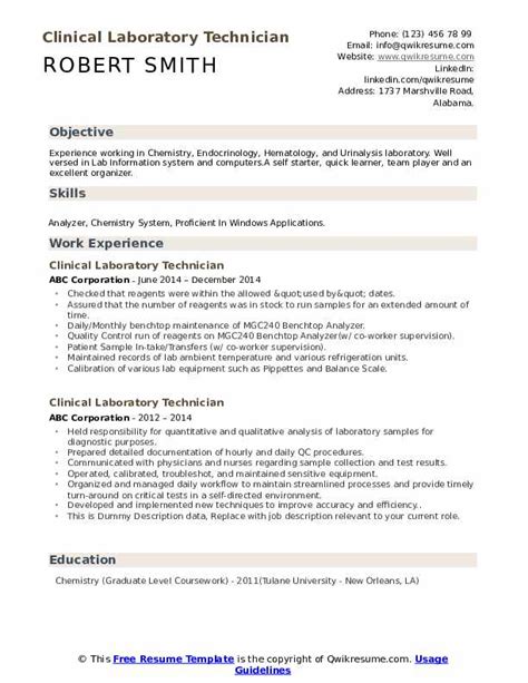 Clinical Laboratory Technician Resume Samples | QwikResume