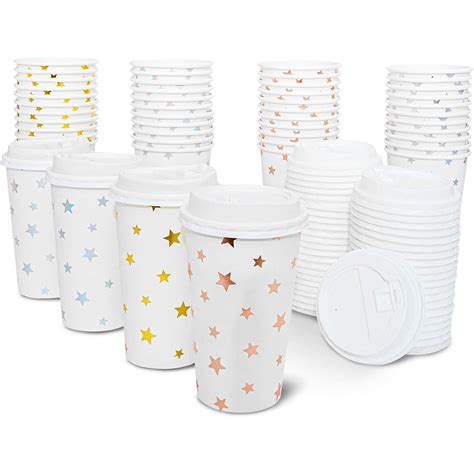 48-Pack Cute Foil Stars Insulated Disposable Coffee Cups with Lids ...