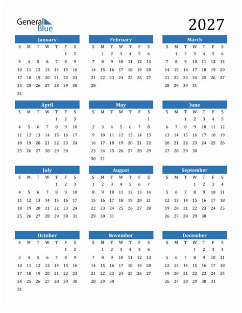 Free 2027 Calendars in PDF, Word, Excel