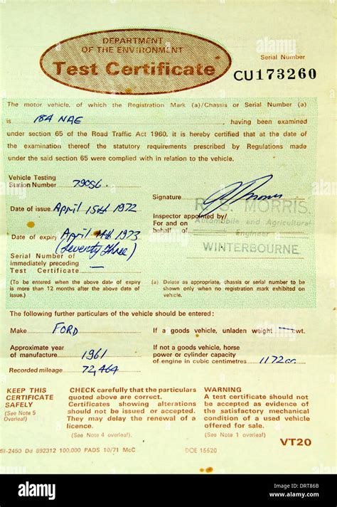 1970s MOT Certificate Stock Photo - Alamy