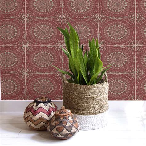 Seabrook Mandala Boho Tile Red Wallpaper 40% Off | Samples