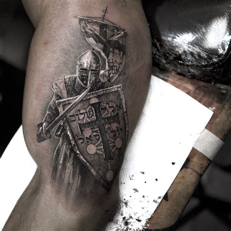 Perfect black and grey tattoo of Knight motive done by tattoo artist Niki Norberg from Sweden ...