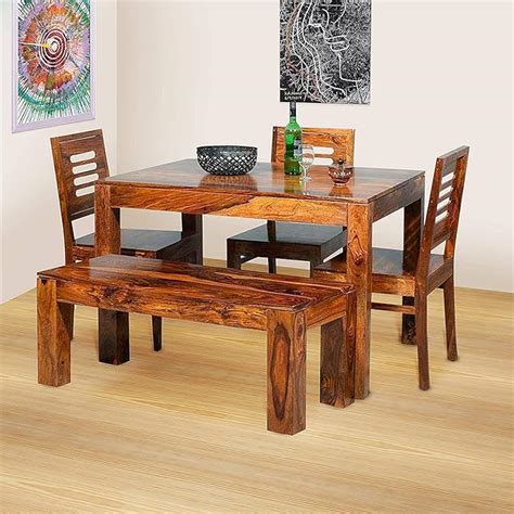 Global Home Decor Solid Sheesham Teak Wood Wooden Dining Table 4 Seater | Dining Table Set with ...