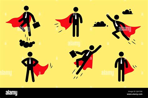 Superhero business pictogram man icon set. Superhero businessman flying stick figure. Victory ...