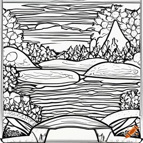 Blank coloring book page: serene nature scene with a peaceful lake on ...